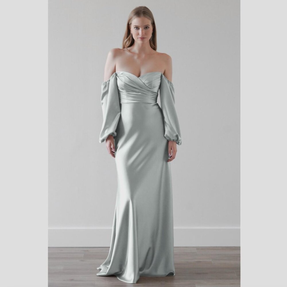 Watters Alba Long Sleeve Satin Gown in French Blue s. Medium